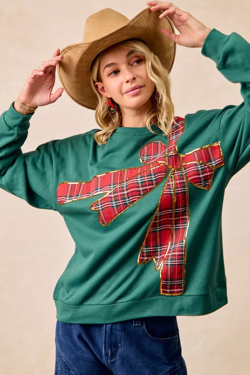 Sweat de Noël en polaire à ruban écossais et nœud décoratif