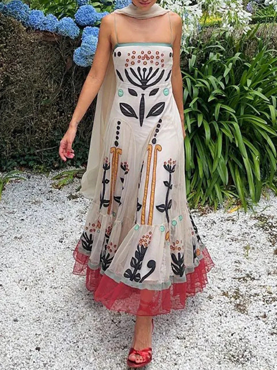 Onbely robe longue ethnique à fines brides avec volants pour bal de promo et plage boho dress