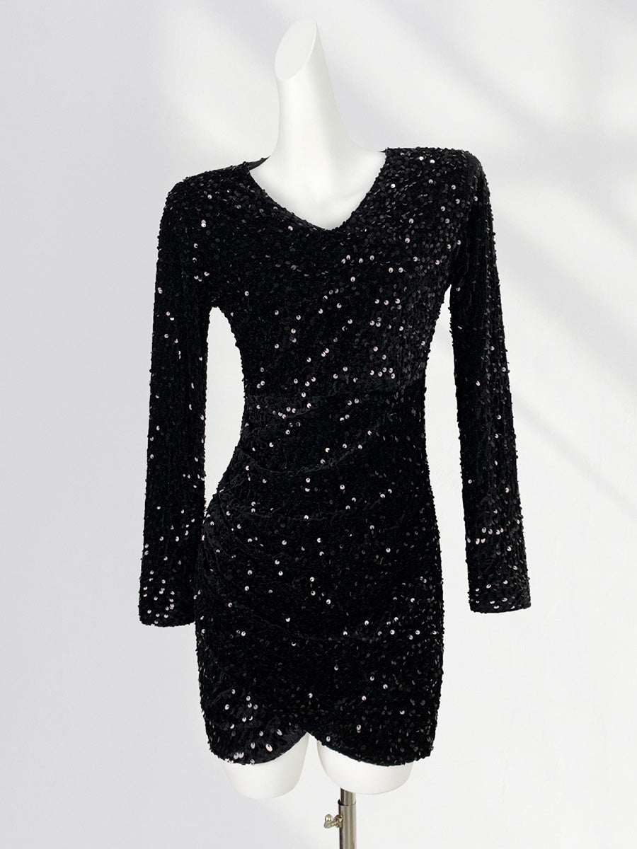 Onbely robe courte moulante velours brillante paillette Col en V cocktail
