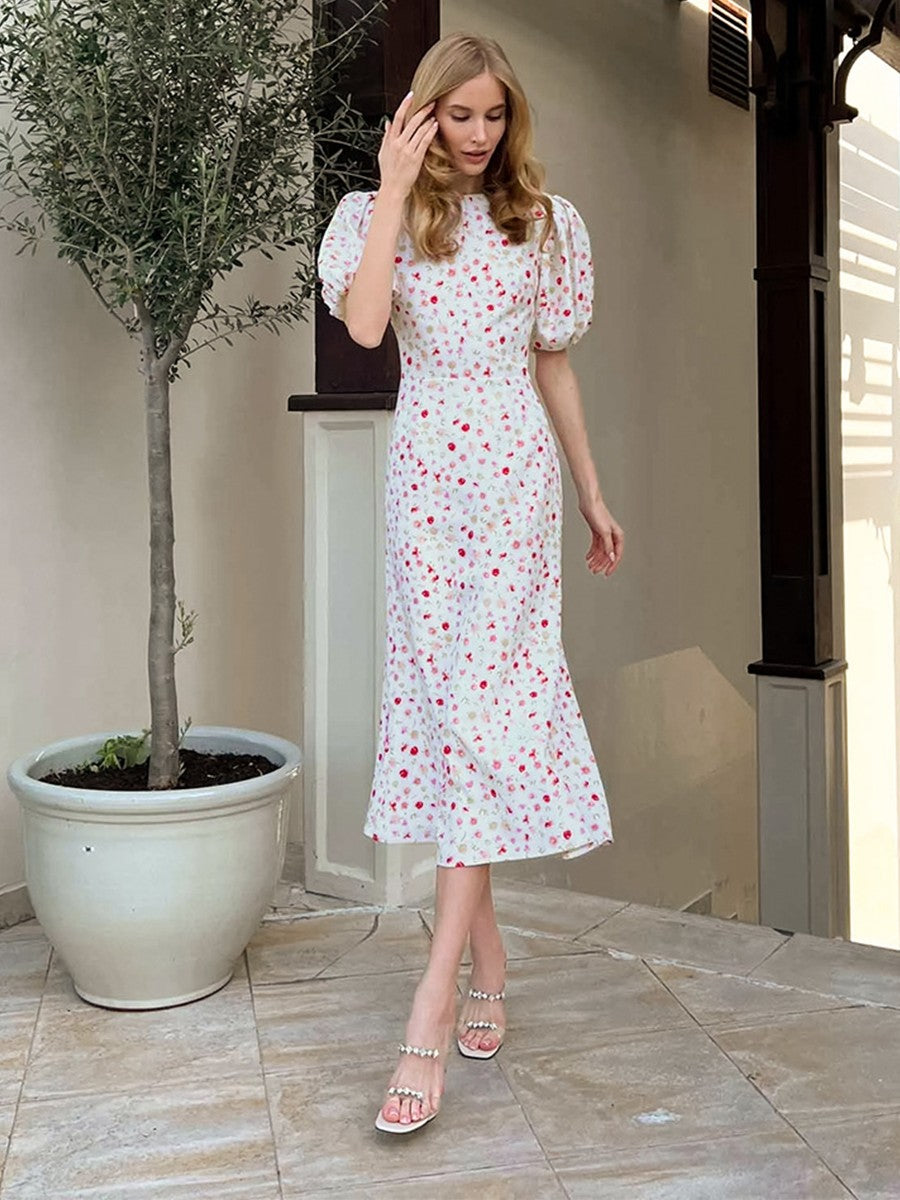 Onbely robe longue fleurs sirène col rond manches bouffantes manches courtes cintrée doux tous les jours bureau