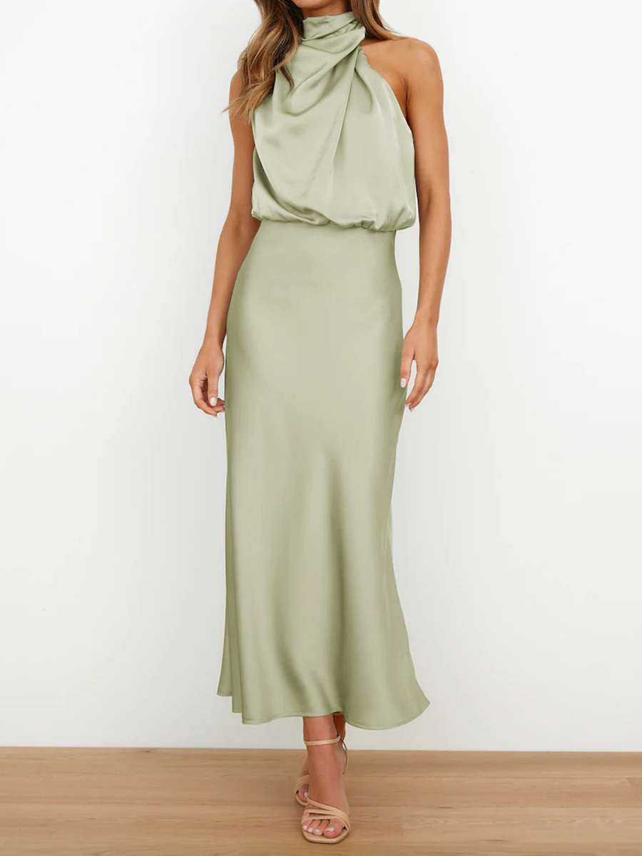 Onbely mi-longue robe unicolore satin sans manches taille haute élégant invité mariage