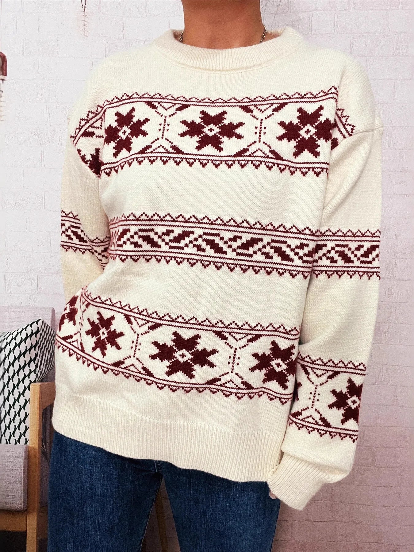 Pull de Noël à col rond motif flocon de neige