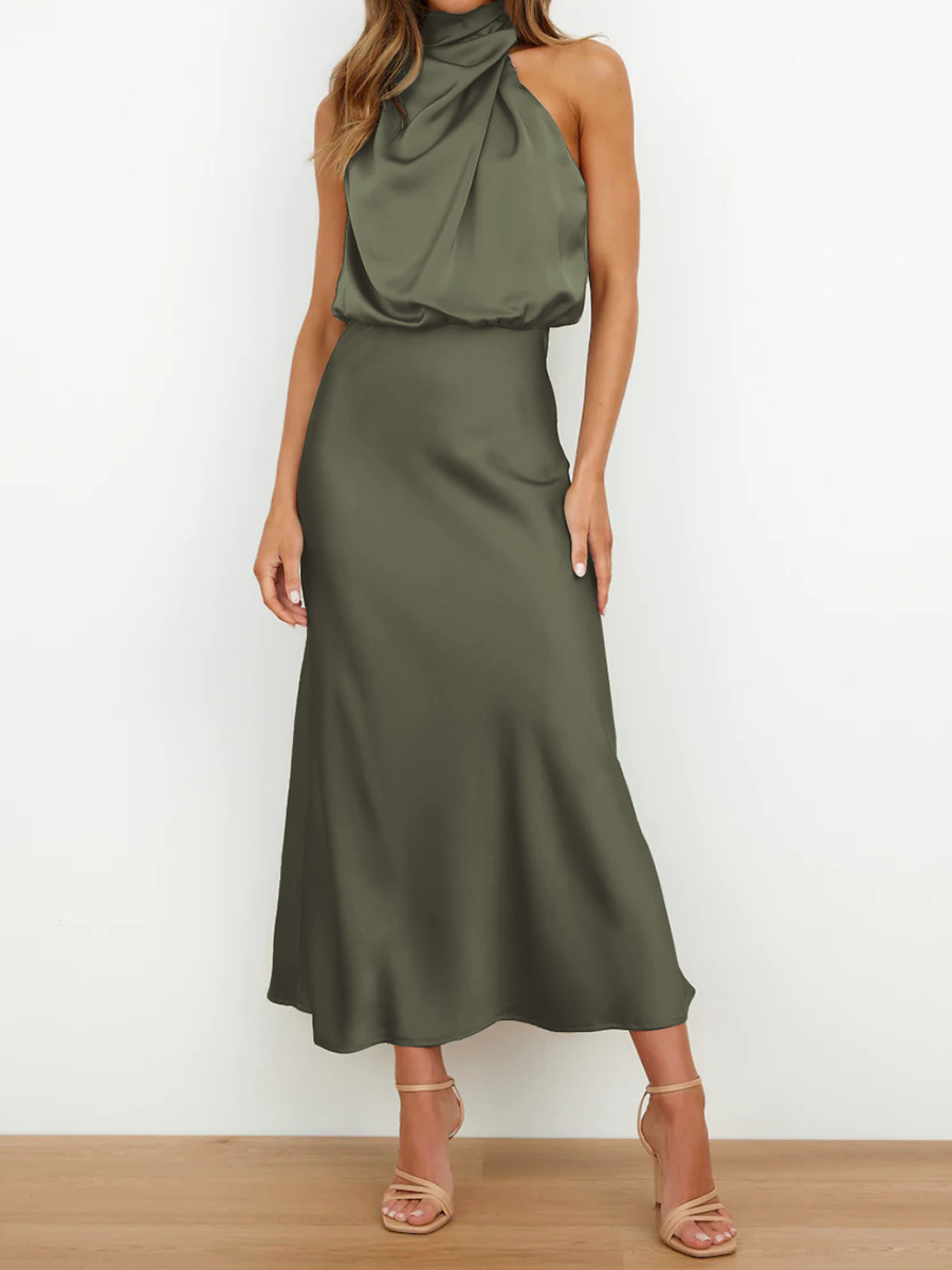 Onbely mi-longue robe unicolore satin sans manches taille haute élégant invité mariage