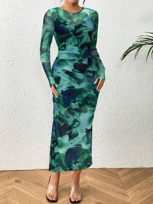 Onbely robe longue moulante tie and dye géométrique col rond manches longues élégant tous les jours