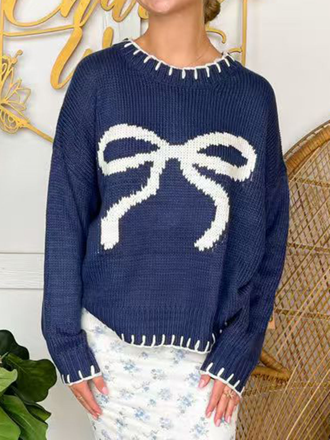 Pull de Noël à col rond et manches longues avec nœud