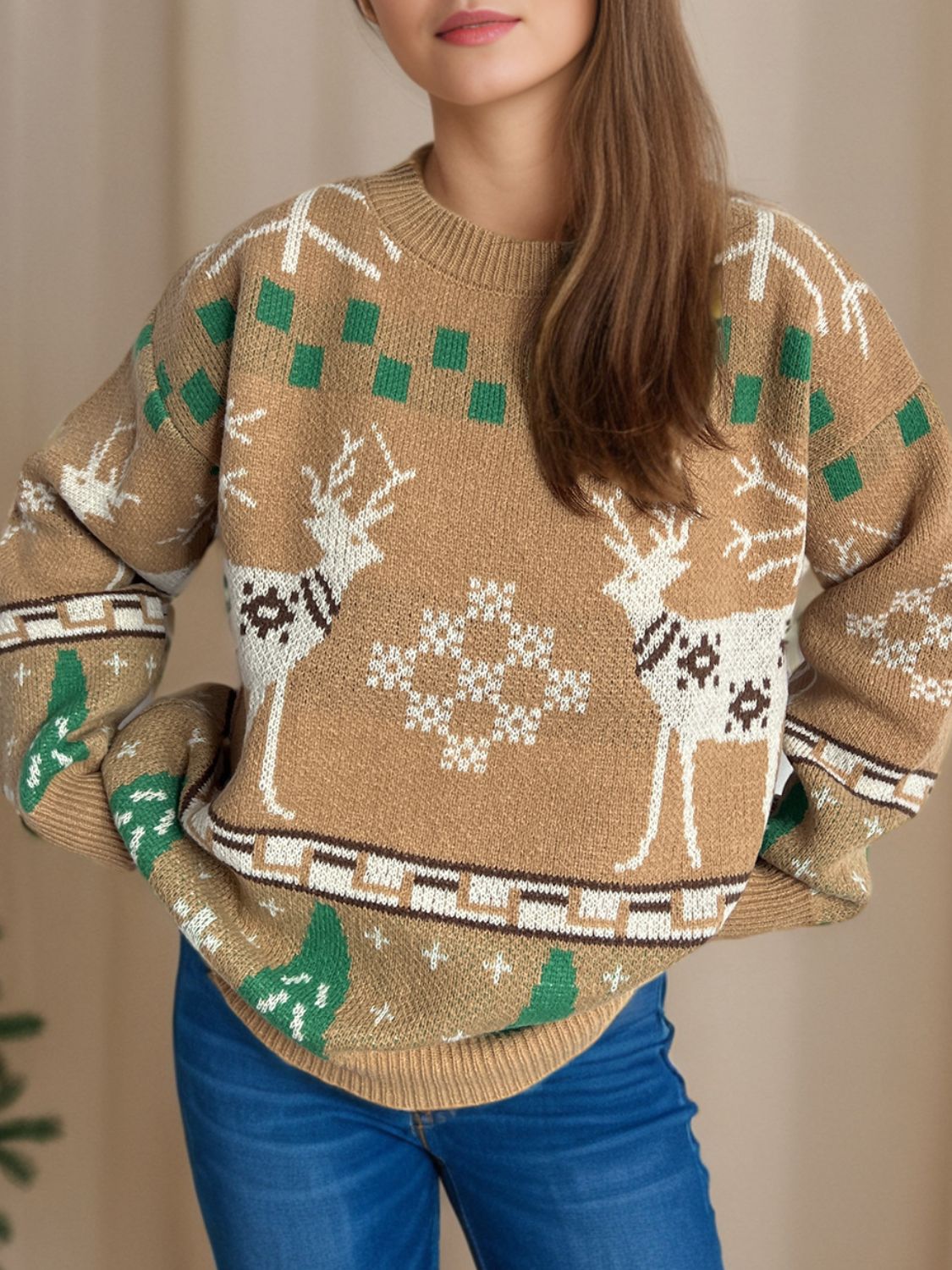Pull de Noël à col rond et manches longues avec motif de renne