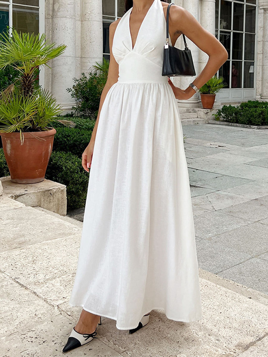 Onbely Robe Longue Licou V-col Dos Nu décontracté Plage boho dress