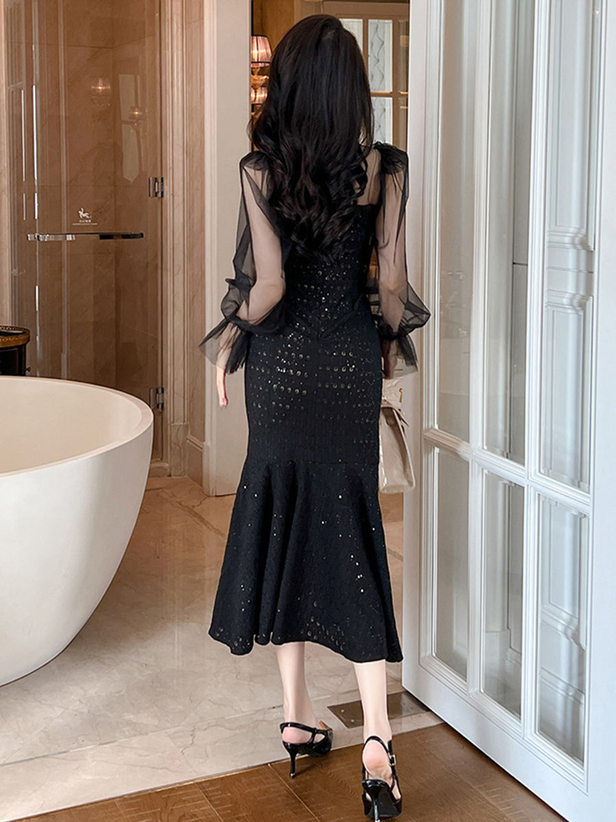 Onbely Robe de soirée longue moulante brillante paillettes sirène noir pour un mariage