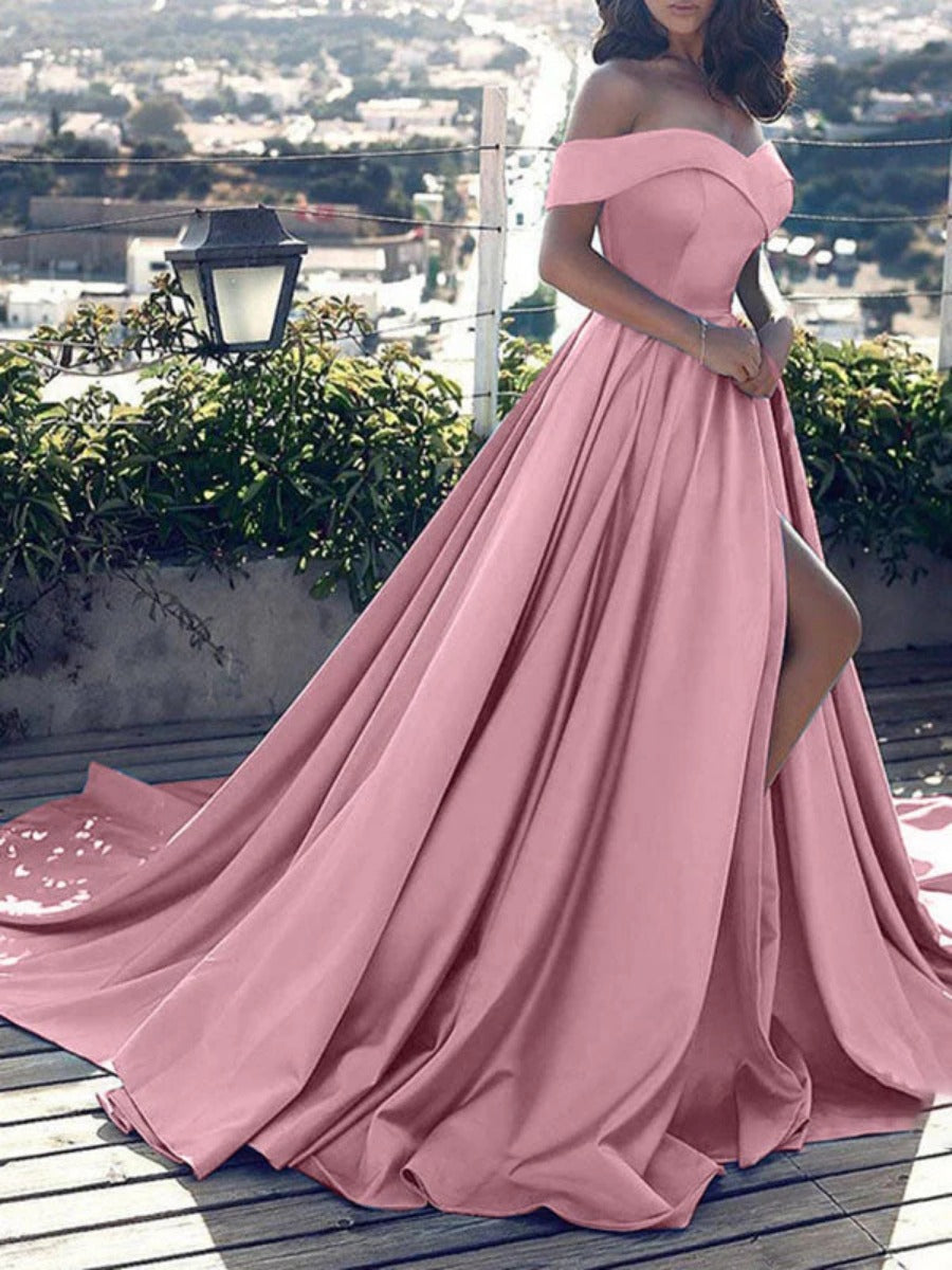 Onbely robe de soirée longue unicolore fendu le côté épaules dénudées col en V manches courtes taille marquée mode bal de promo