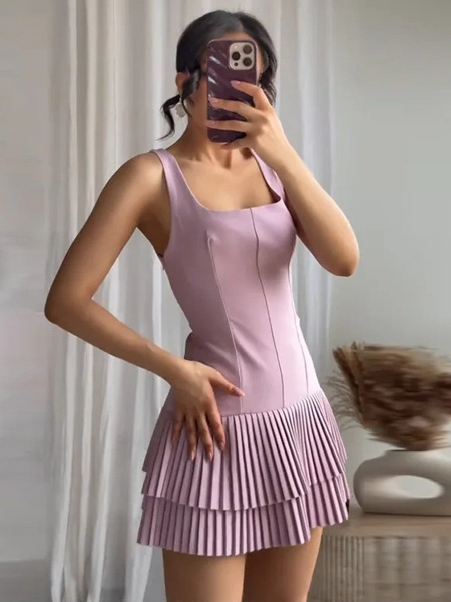 Onbely robe courte plissé bretelle col carré mode