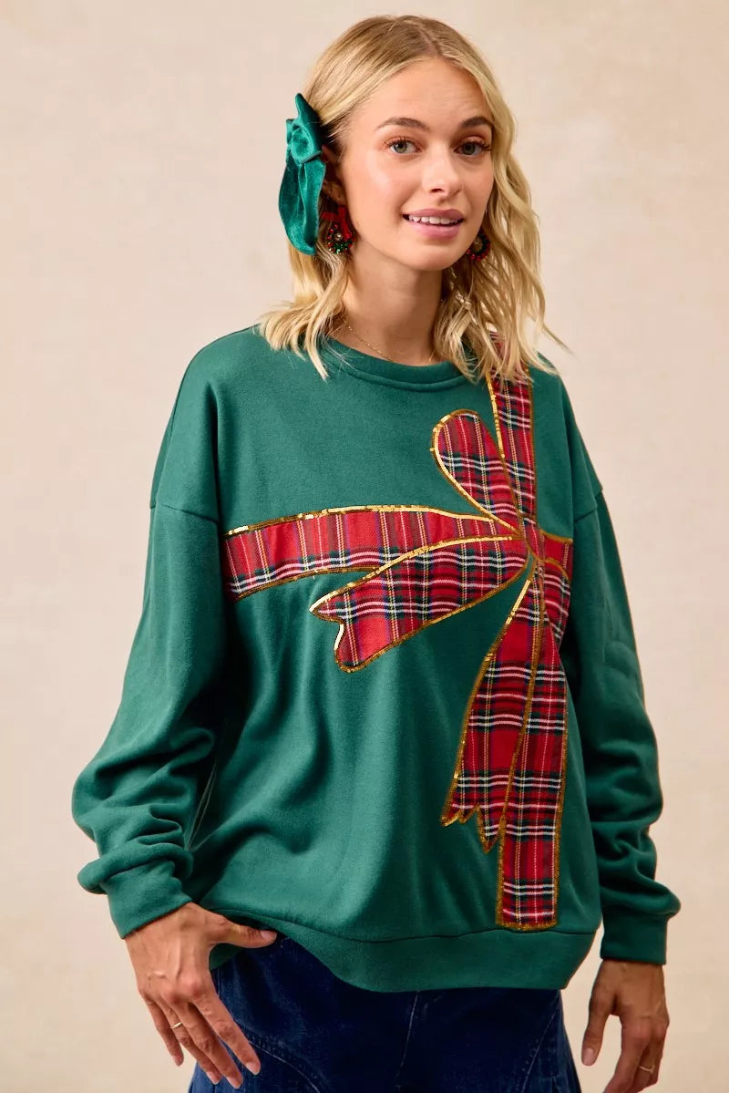 Sweat de Noël en polaire à ruban écossais et nœud décoratif