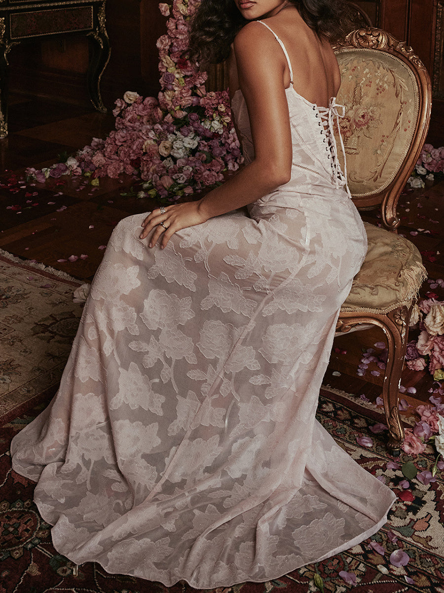 Onbely robe de soirée longue élégante à fines brides en jacquard pour un mariage femme cérémonie