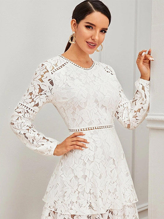 Onbely robe courte trapèze unicolore dentelle manches longues taille marquée élégant tous les jours bureau