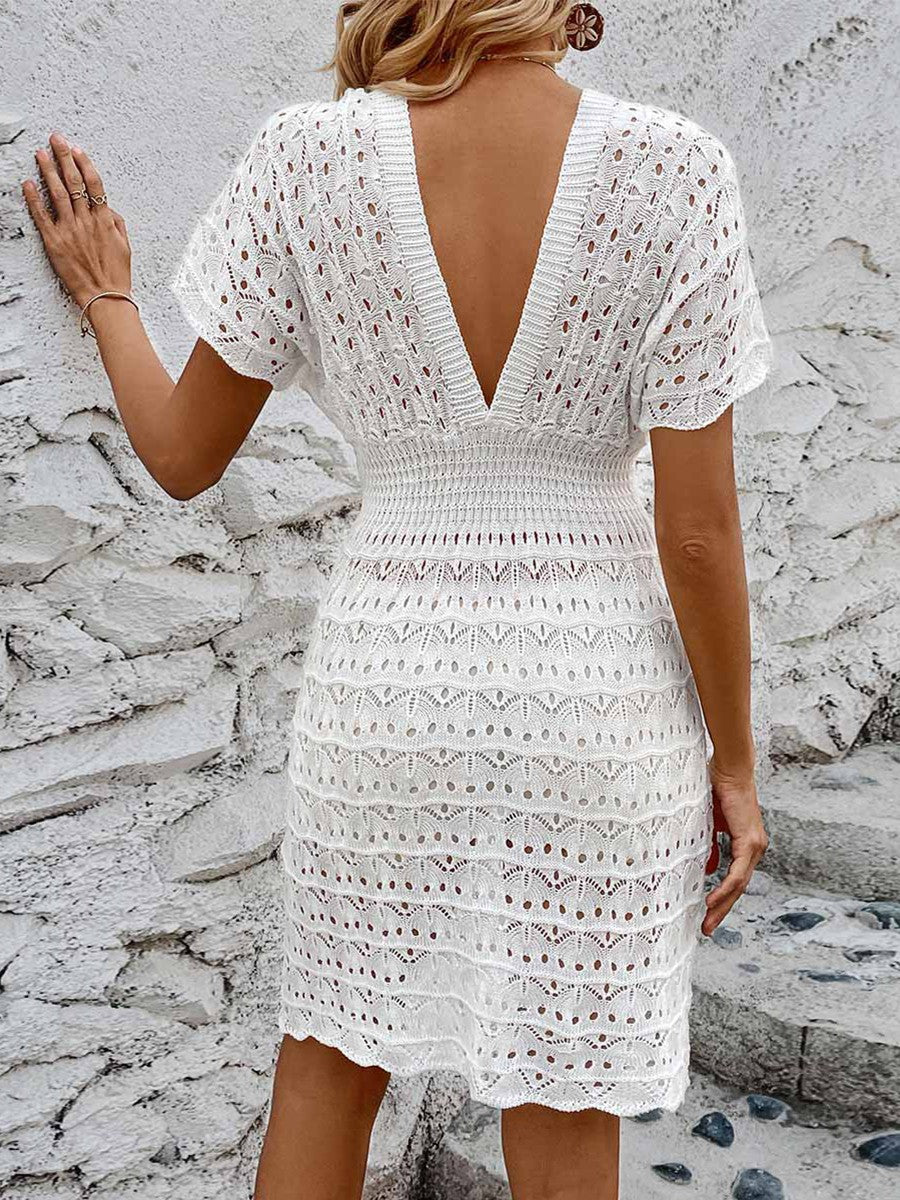 Onbely mi-longue robe unicolore col en V manches au coude taille élastique hawaienne vacances plage