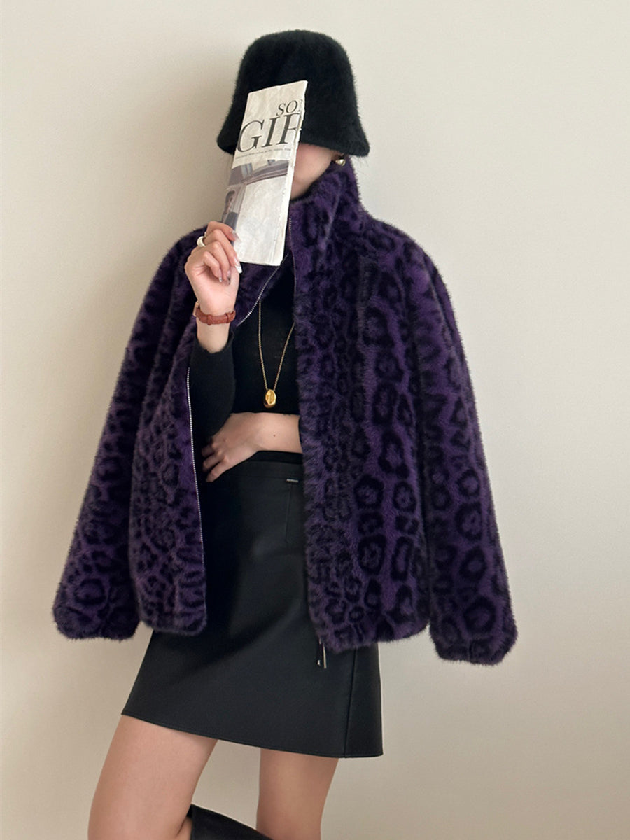 Onbely manteau en fausse fourrure léopard avec fermeture éclair femme mode