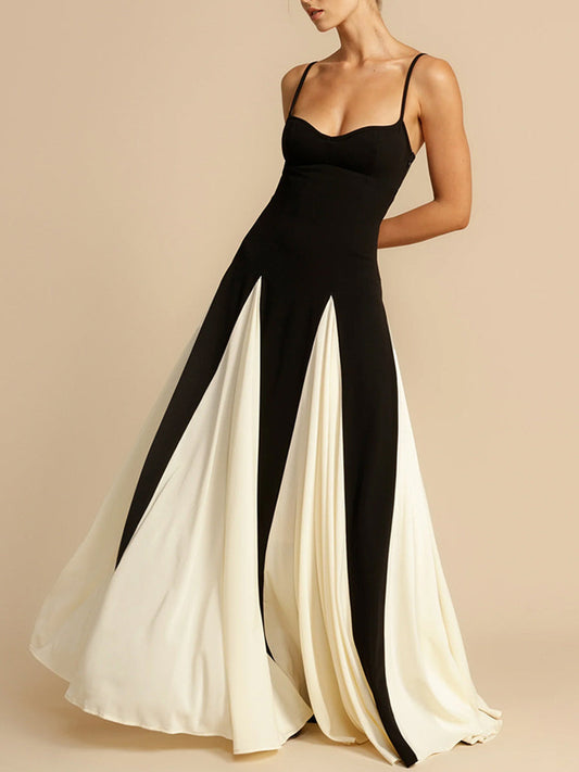 Onbely Robe longue bicolore noir et blanc à fines brides élégante de soirée