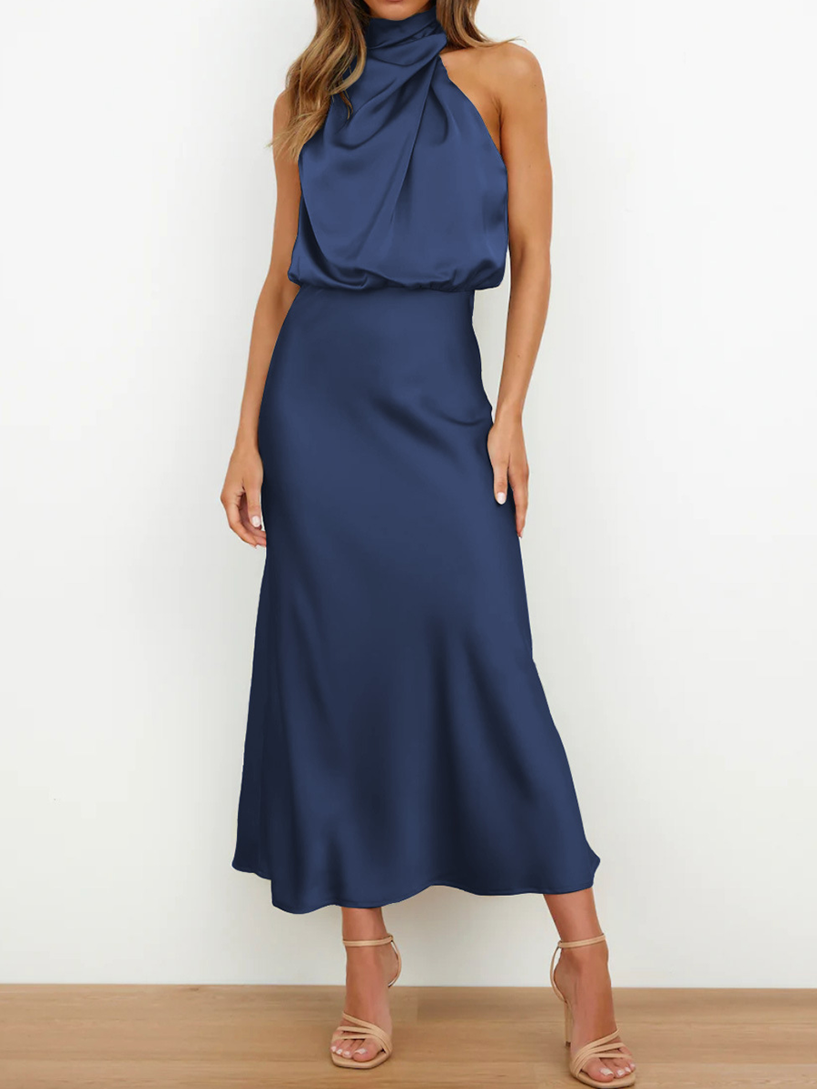 Onbely mi-longue robe unicolore satin sans manches taille haute élégant invité mariage