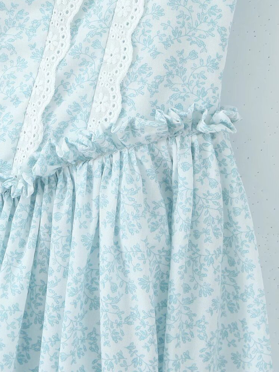 Onbely mi-longue robe imprimé à fleurie dentelle à fines brides Chic cocktail Bleu