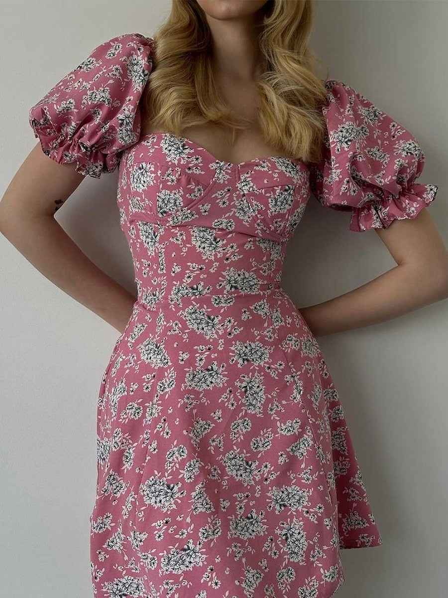 Onbely robe courte trapèze fleurs dos nu col carré manches bouffantes manches courtes taille marquée doux tous les jours vacances