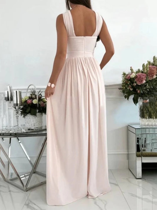 Onbely robe longue fluide fendue sur le côté col licou dos nu bretelles col en V sans manches femme élégante soirée bal de promo cérémonie