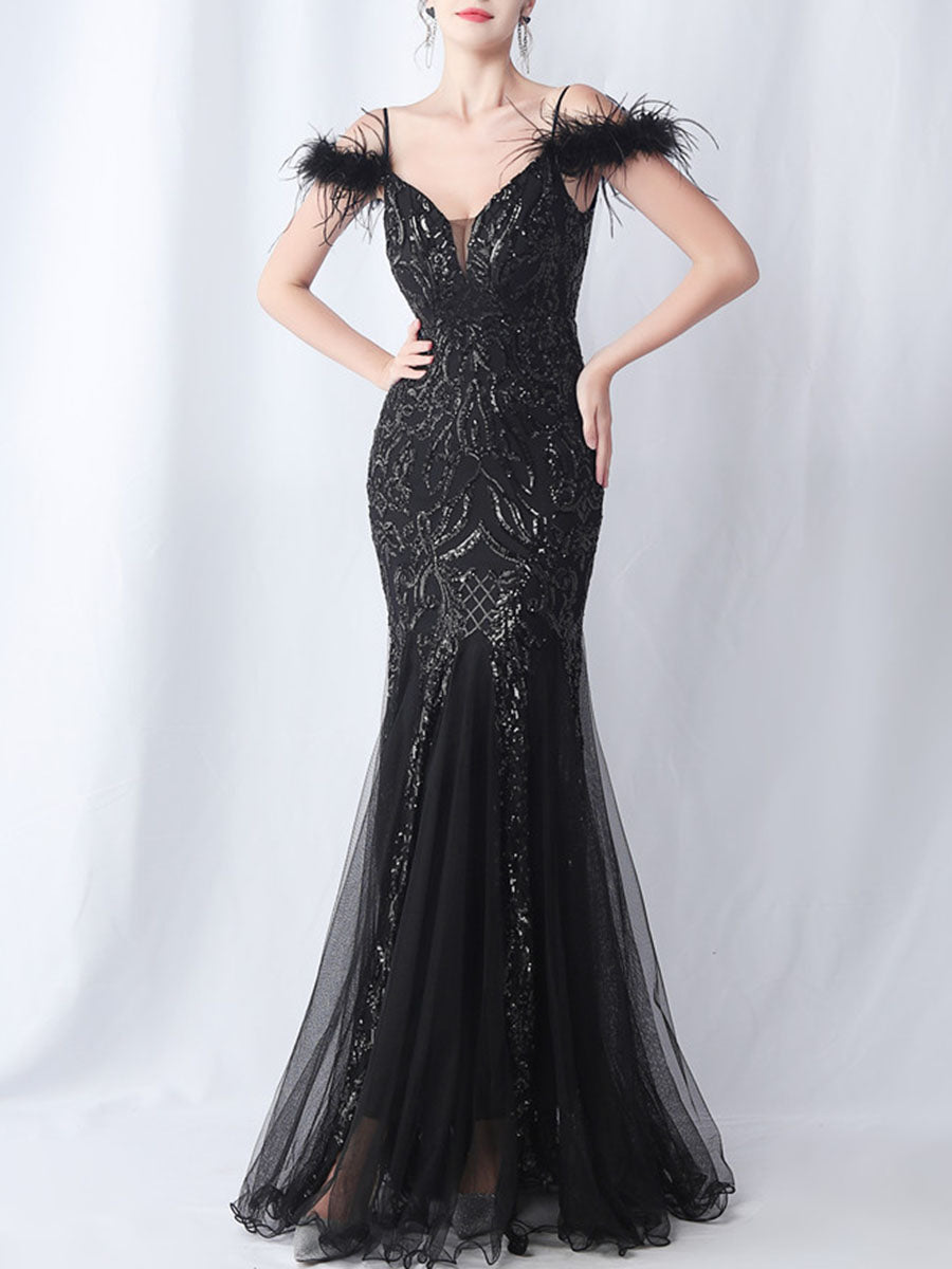 Onbely robe de soirée maxi longue en paillettes brillantes avec plumes pour un mariage femme cérémonie