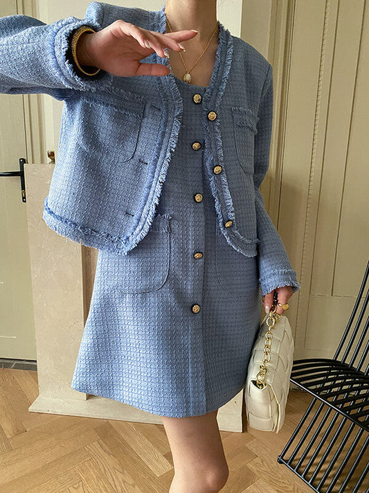 Onbely ensemble veste robe courte tweed boutonnage avec poches femme