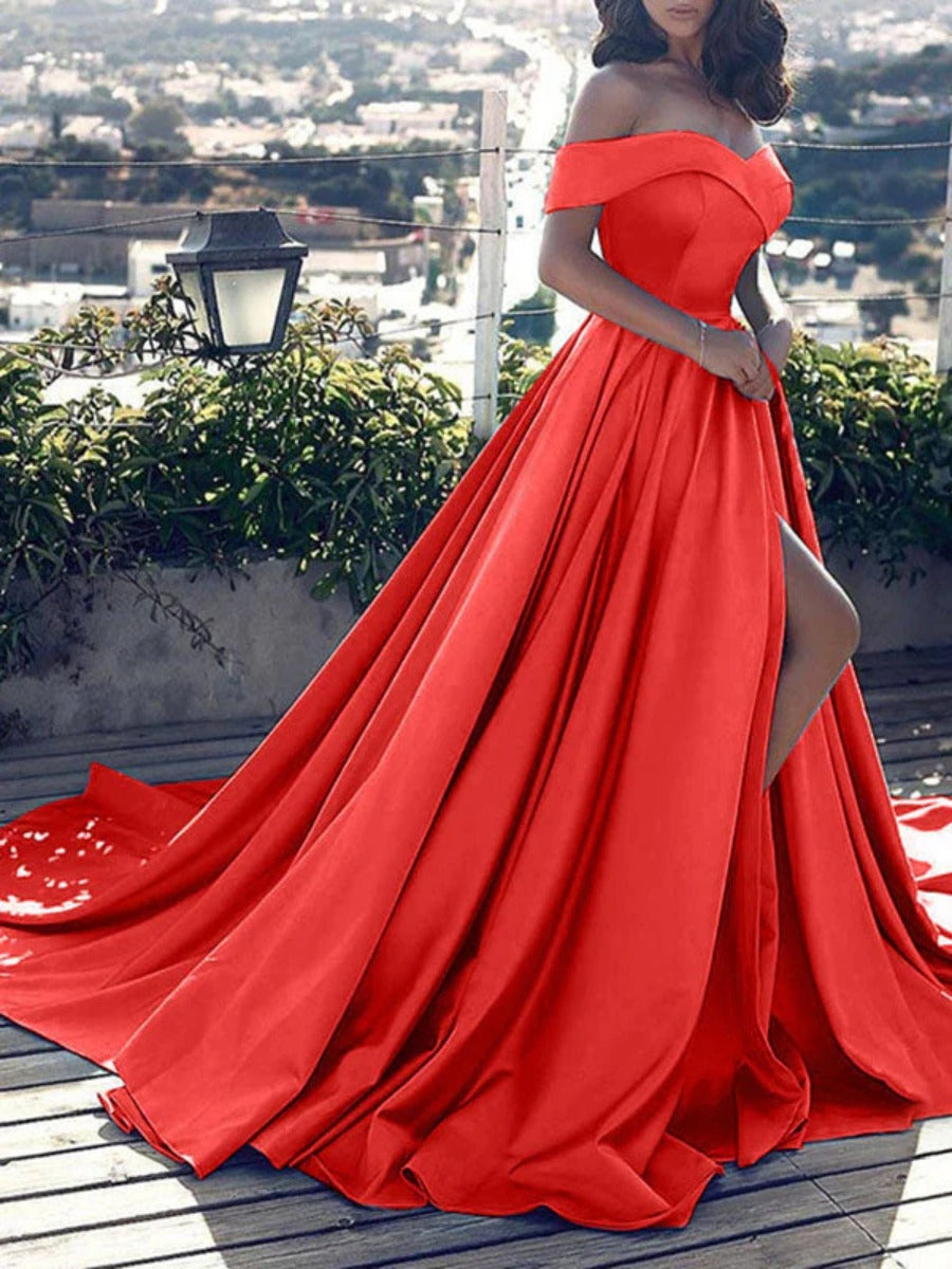 Onbely robe de soirée longue unicolore fendu le côté épaules dénudées col en V manches courtes taille marquée mode bal de promo