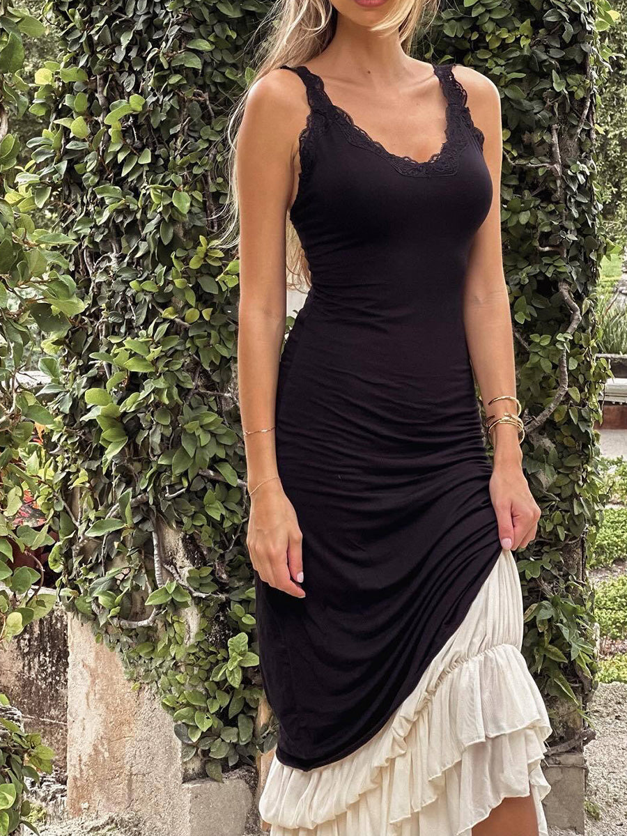 Onbely Robe de soirée longue moulante en dentelle à volants noire pour un mariage