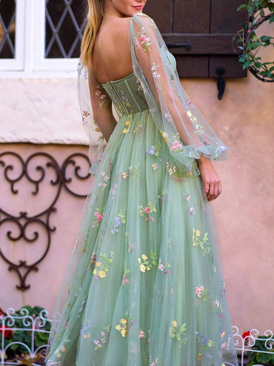 Onbely robe de soirée longue à bustier brodé et manches longues pour un bal de promo ou un mariage
