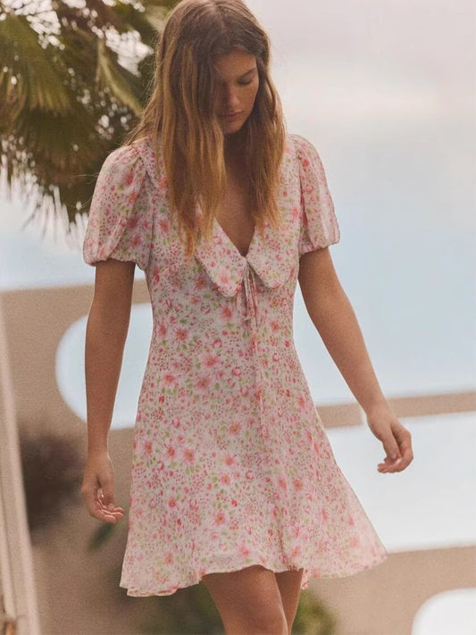 Onbely robe courte trapèze imprimé à fleurie col en V manches courtes élégant tous les jours vacances