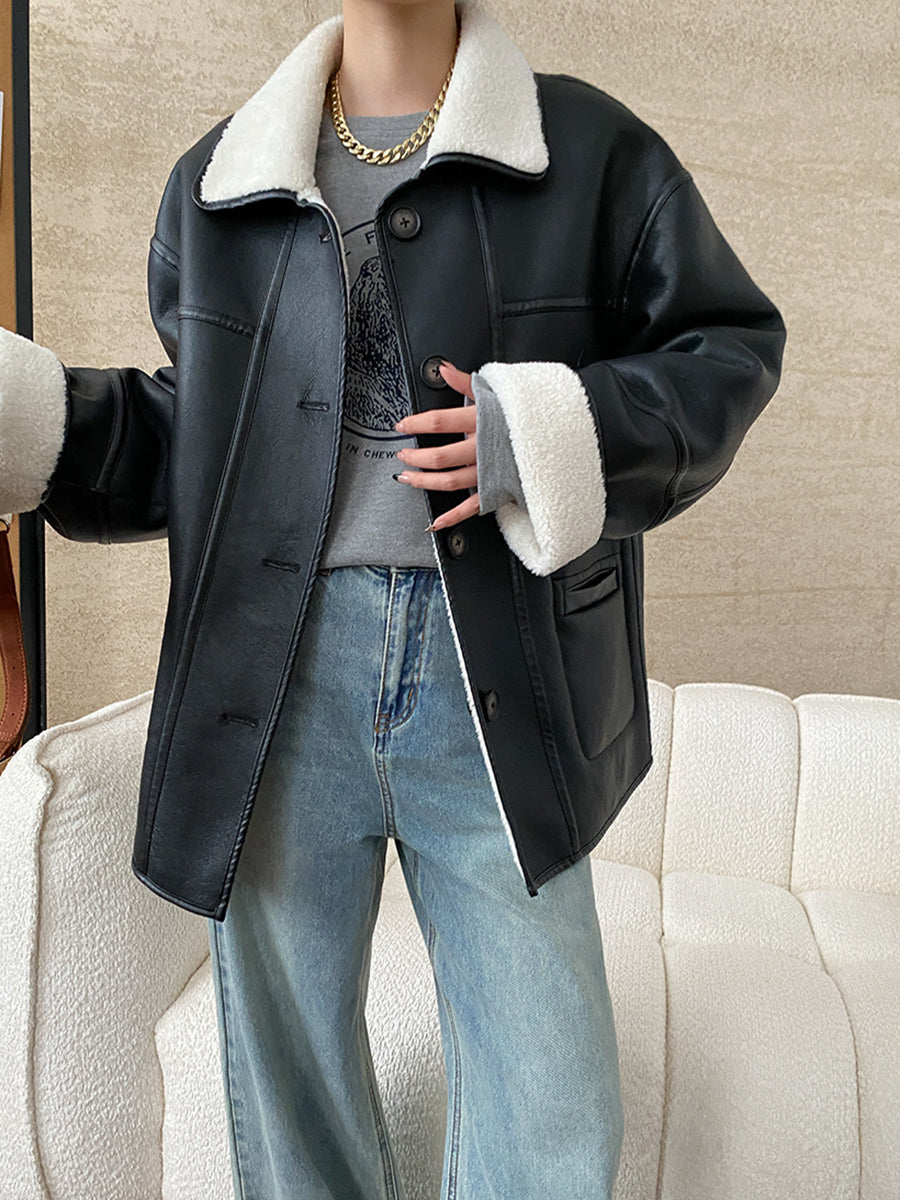 Onbely manteau aviateur simili cuir réversible boutonnage pour femme
