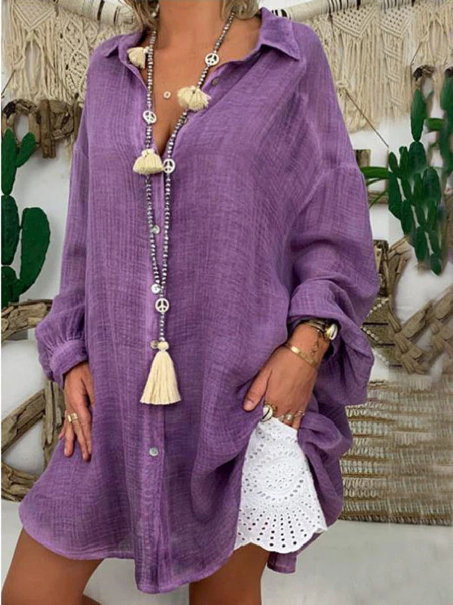 Onbely mi-longue blouse robe oversized boutonnage manches longues femme bohème chemisier