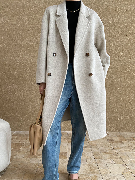 Onbely manteau en laine longue double boutonnage col revers pour femme