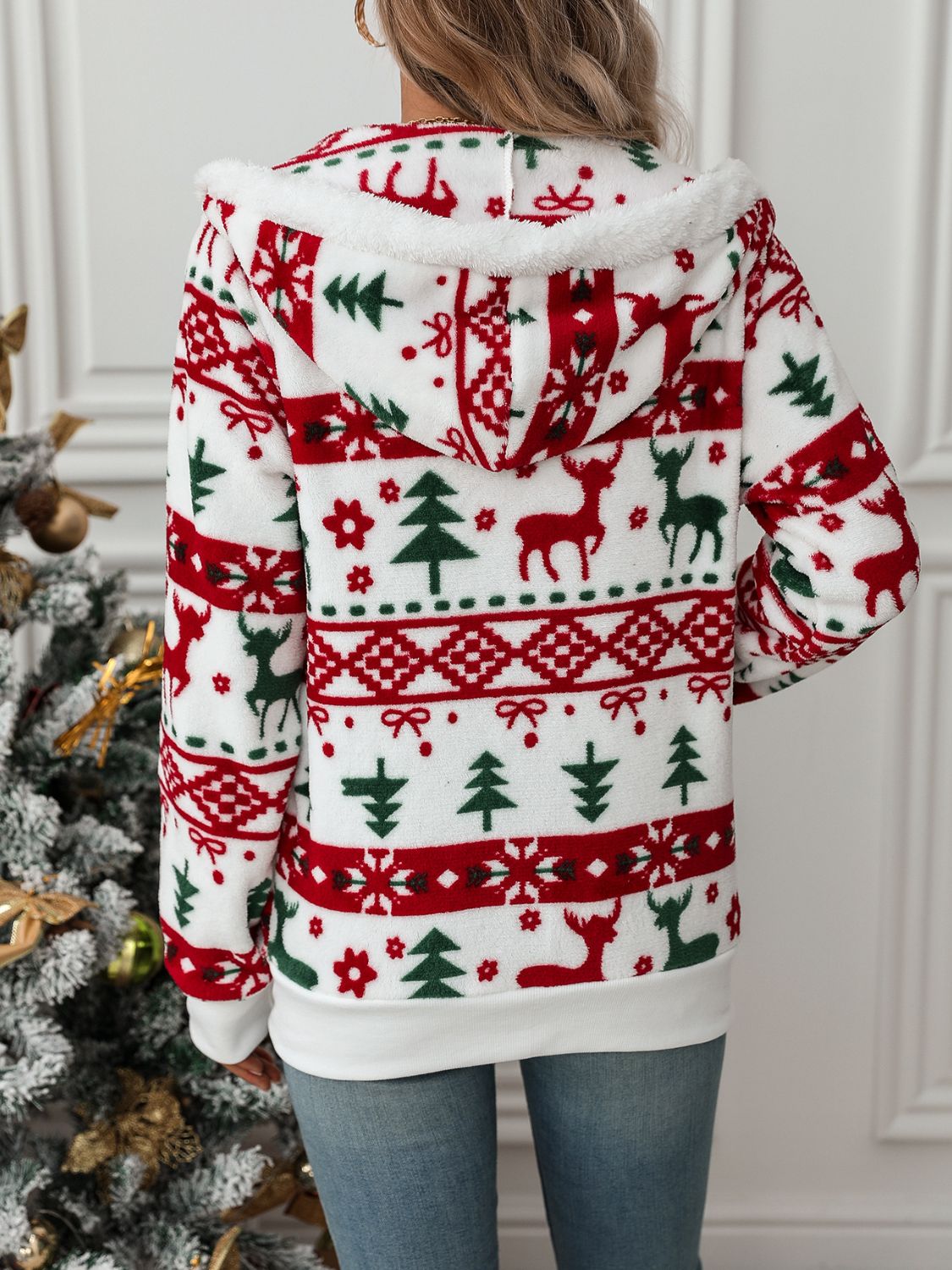 Veste à capuche zippée avec cordon et motifs de Noël