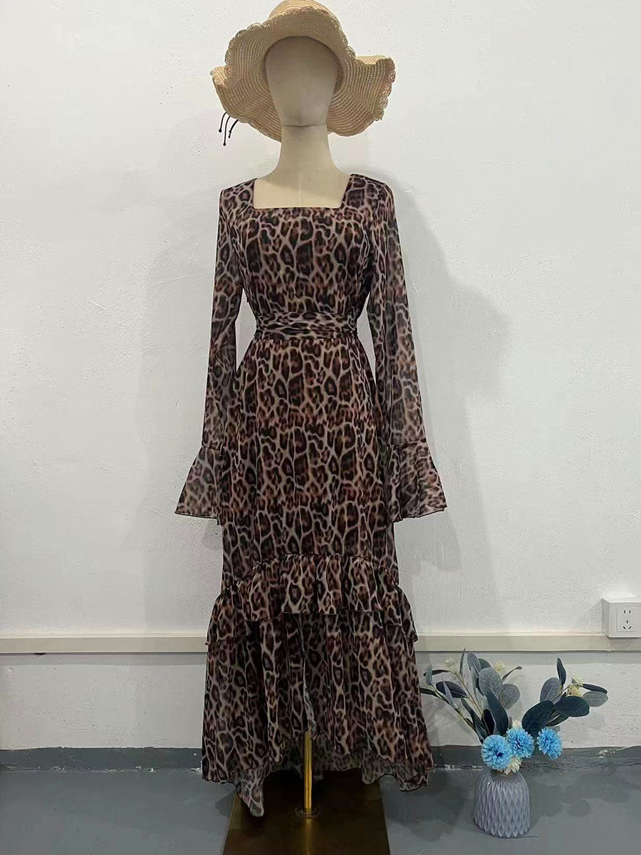 Onbely robe de soirée longue en mousseline à imprimé léopard manches évasées et col carré pour un mariage femme cérémonie
