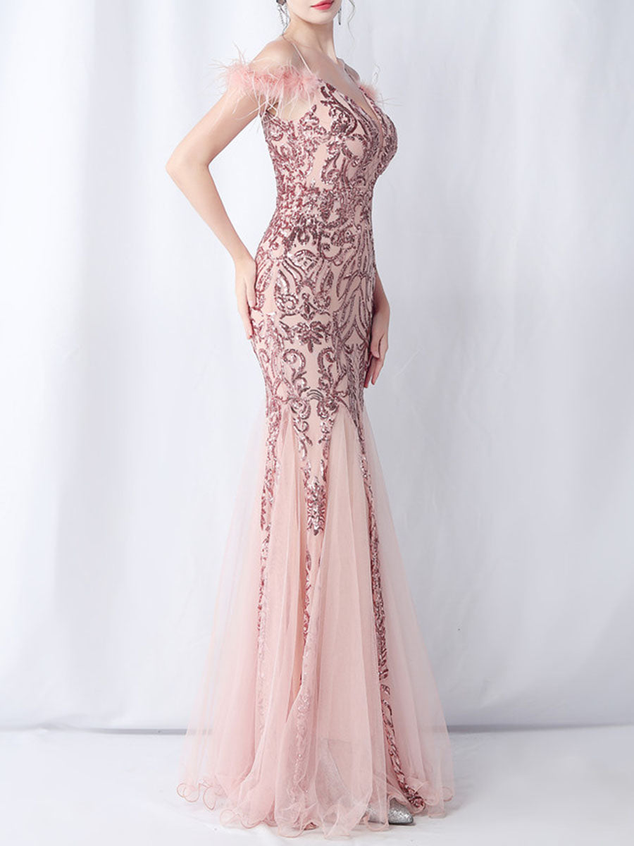 Onbely robe de soirée maxi longue en paillettes brillantes avec plumes pour un mariage femme cérémonie