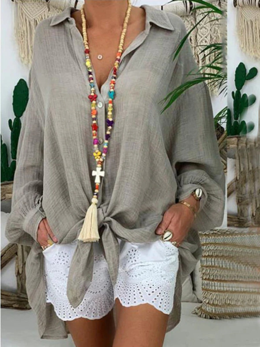 Onbely mi-longue blouse robe oversized boutonnage manches longues femme bohème chemisier