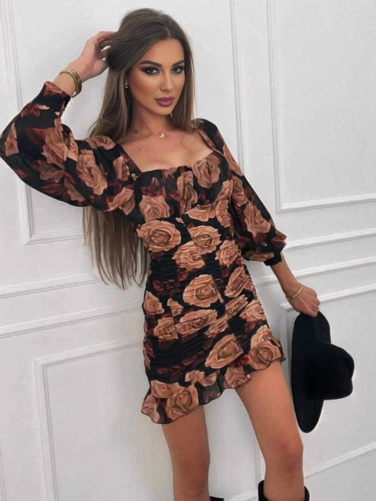 Onbely robe courte moulante fleurie col carré manches longues femme élégante décontractée de cocktail