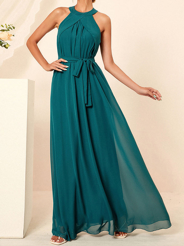 Onbely Robe Longue Élégante Demoiselle d'Honneur en Mousseline avec Ceinture