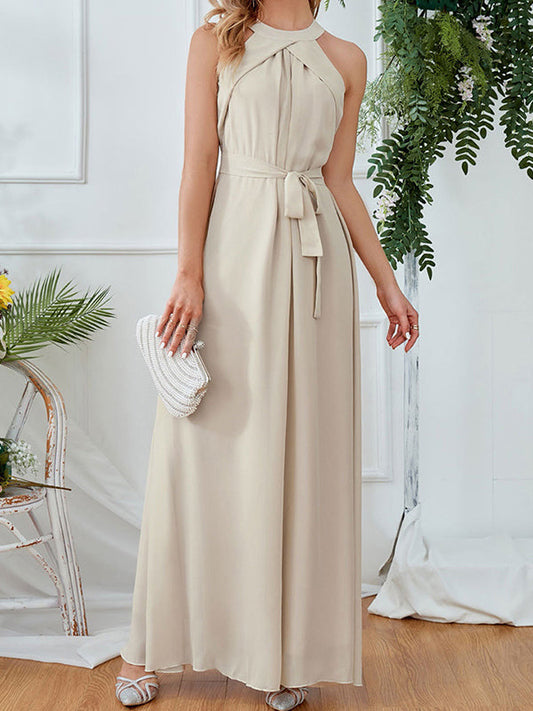 Onbely Robe Longue Élégante Demoiselle d'Honneur en Mousseline avec Ceinture