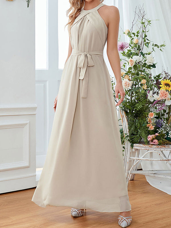 Onbely Robe Longue Élégante Demoiselle d'Honneur en Mousseline avec Ceinture