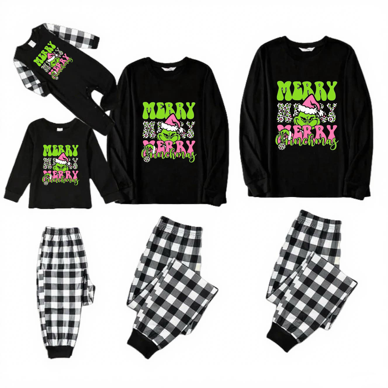 Pyjamas de Noël familiaux à carreaux noirs et blancs Pink Grinch