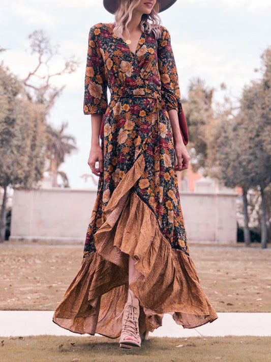 Onbely robe longue volantée Col en V vintage bohème orange boho dress