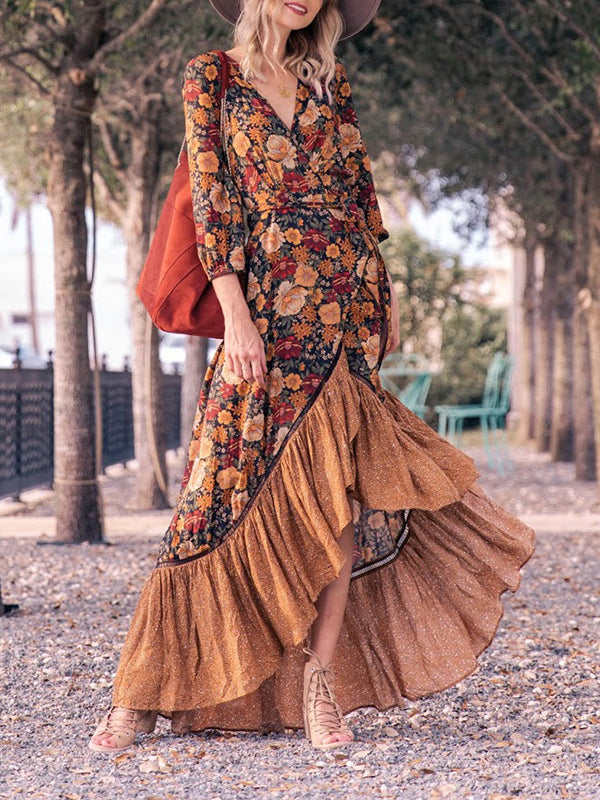 Onbely robe longue volantée Col en V vintage bohème orange