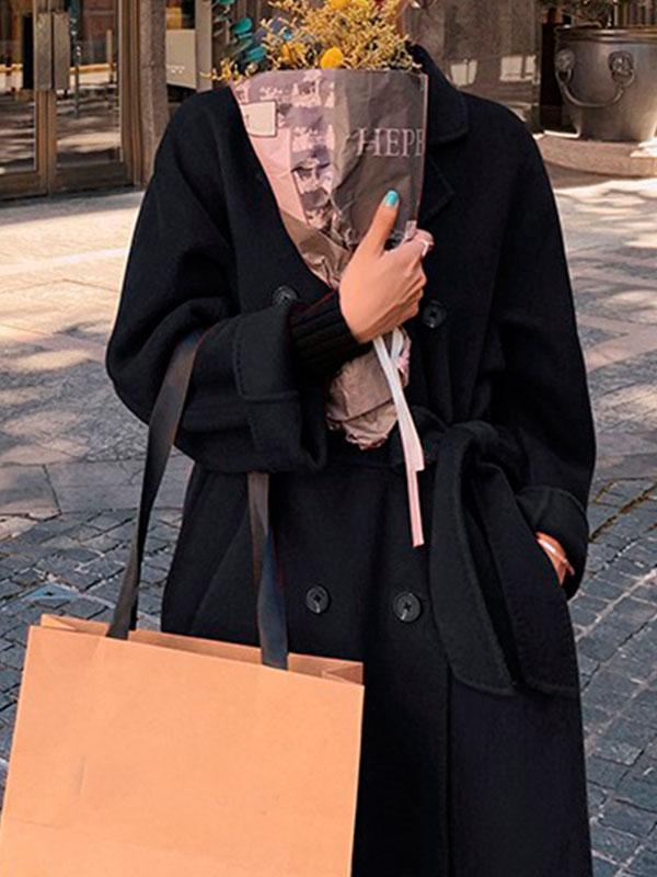 Onbely longue manteau longue avec ceinture poches col revers femme oversized