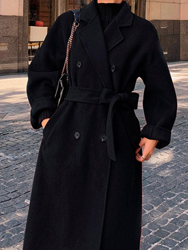Onbely longue manteau longue avec ceinture poches col revers femme oversized