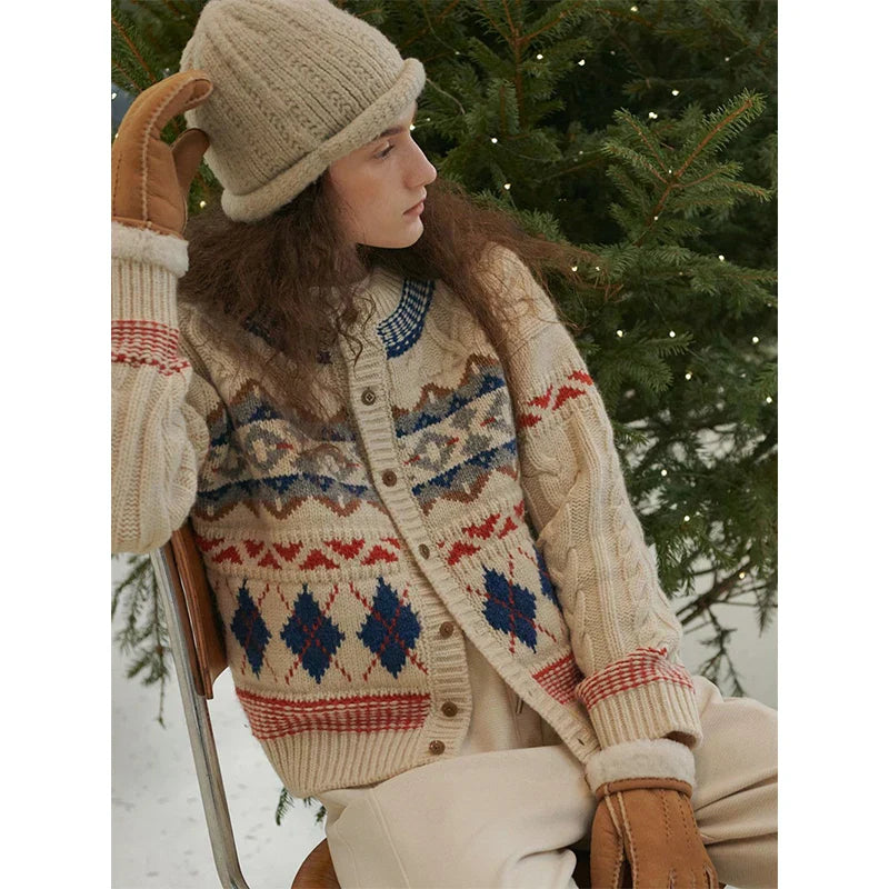 Cardigan de Noël tricoté à motif argyle, style vintage et confortable