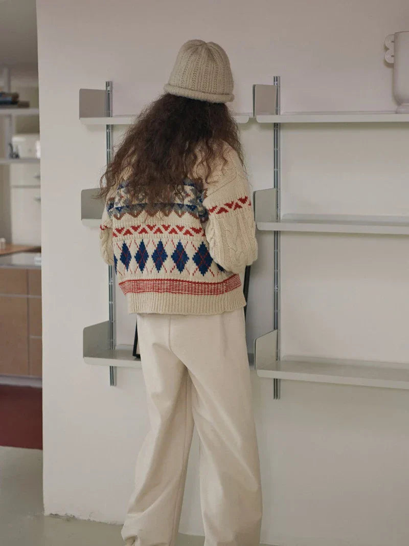 Cardigan de Noël tricoté à motif argyle, style vintage et confortable
