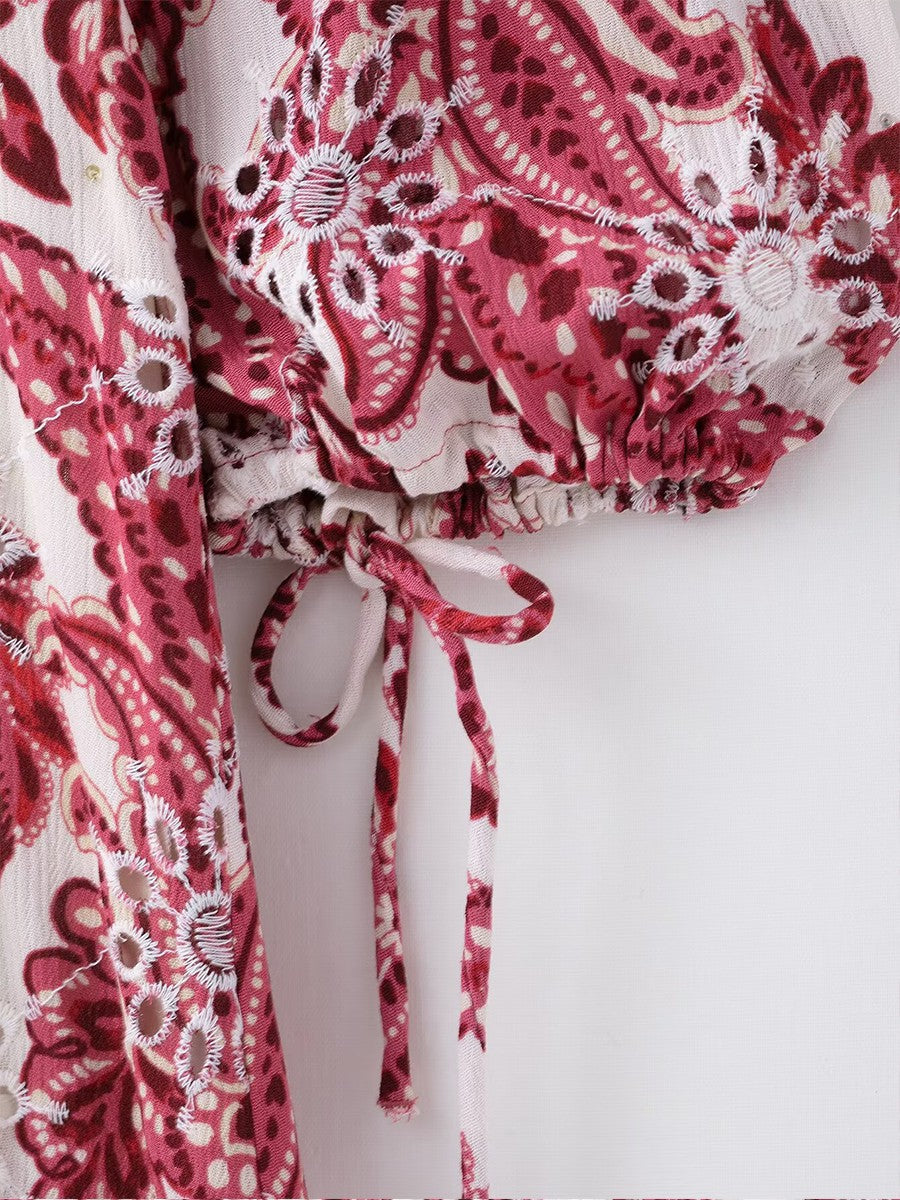 Onbely Robe Midi Bohème Paisley brodée V-col Manches Longues Vacances