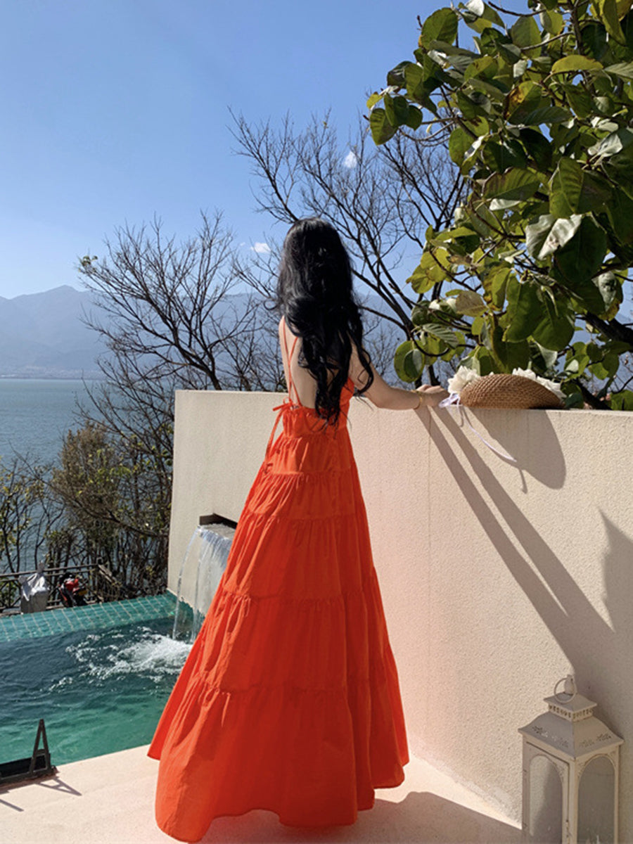 Onbely robe maxi longue à fines brides dos nu de plage orange